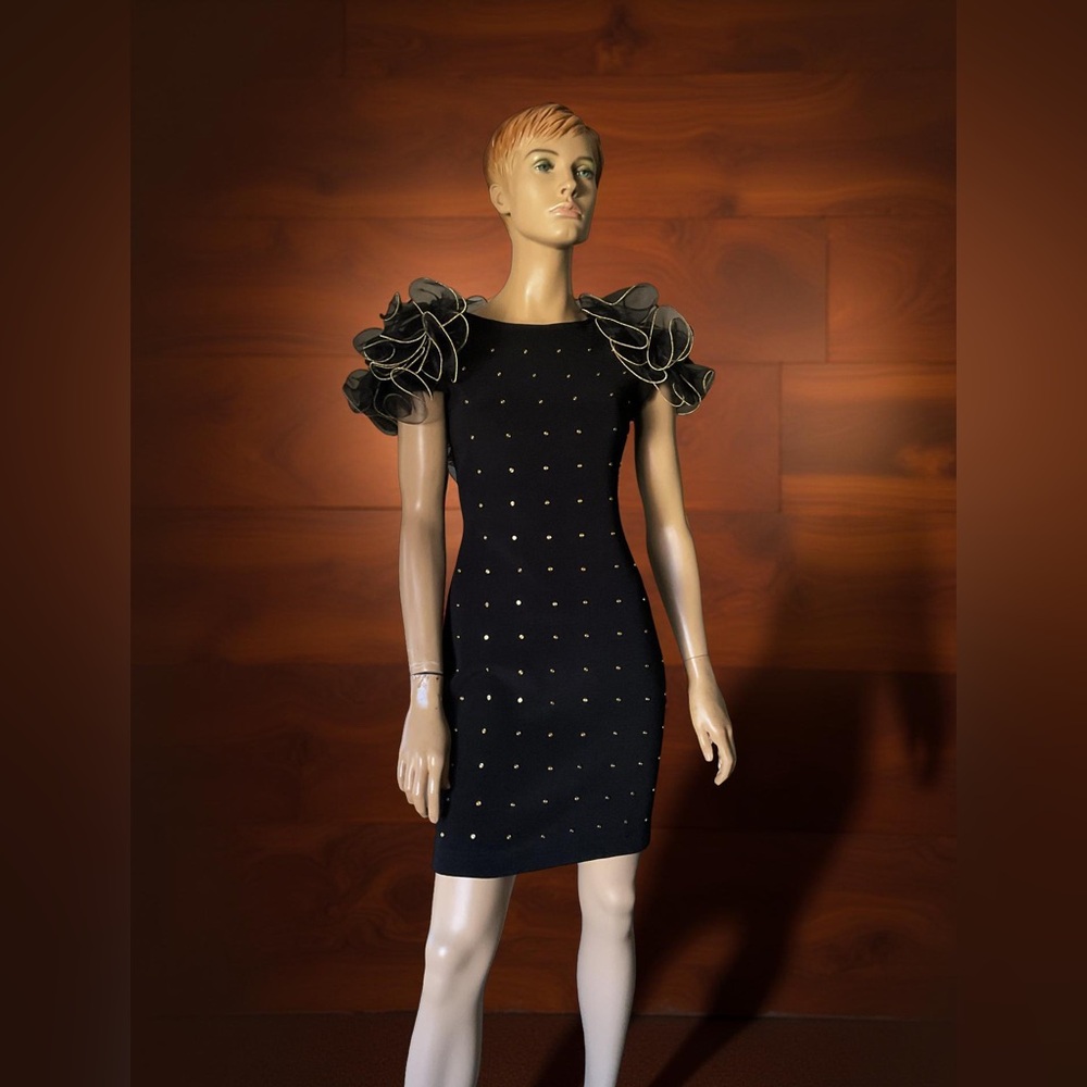 VINTAGE CACHE GOLD STUDDED WIRE RUFFLED FITTED BLACK STRETCH DRESS Sz M